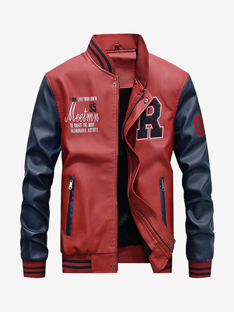 レッド メンズレザージャケット カラーブロック 長袖 ジッパー ボンバージャケット