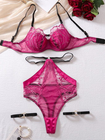 セクシーランジェリー パープル 3ピース 大人用ブラ パンティ セット