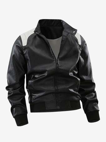 ブラック メンズ ベースボールジャケット 長袖 ジップ開閉 カラーブロック レザージャケット