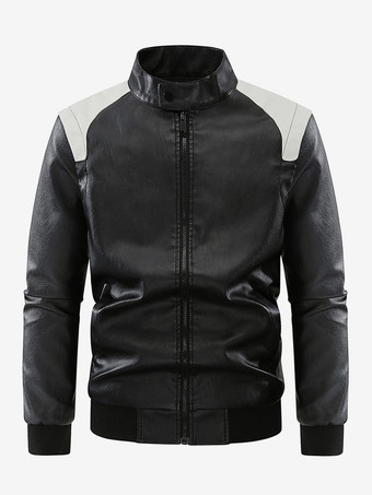 メンズ ベースボールジャケット 長袖 ジップ開閉 カラーブロック レザージャケット