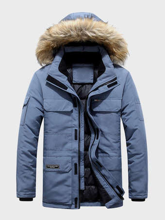 グレーブルーメンズ パファーコート 厚手 ミドル丈 フード付き パーカーコート