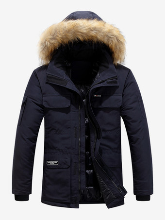 ダークネイビーメンズ パファーコート 厚手 ミドル丈 フード付き パーカーコート