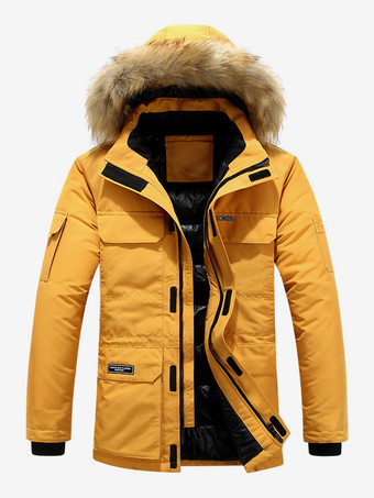 イエローメンズ パファーコート 厚手 ミドル丈 フード付き パーカーコート