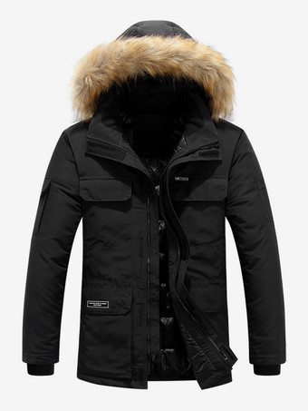 ブラック メンズ パファーコート 厚手 ミドル丈 フード付き パーカーコート
