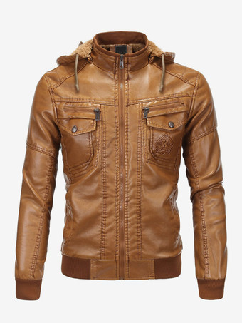 ブラウンメンズレザージャケット モーターサイクル カジュアル スタンドカラー ウィンドブレーカー ジッパーポケット付き