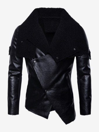 ブラック メンズレザージャケット イレギュラーフェイクファーカラー モーターサイクルPUレザージャケット