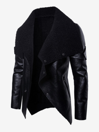 メンズレザージャケット イレギュラーフェイクファーカラー モーターサイクルPUレザージャケット