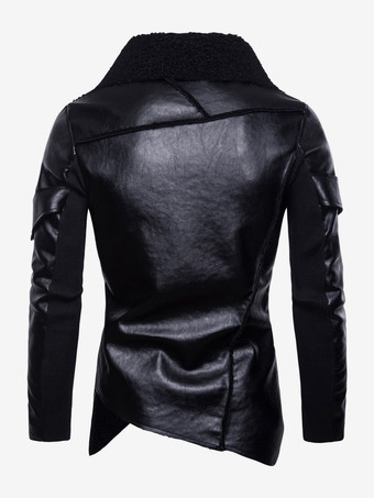 メンズレザージャケット イレギュラーフェイクファーカラー モーターサイクルPUレザージャケット