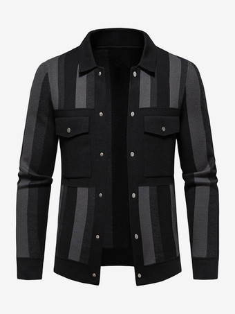 ブラック メンズジャケット ストライプポケット カジュアルカーディガン