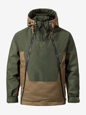 ハンターグリーン メンズ フード付きダウンジャケット ダブルジッパー カラーブロック カジュアルダウンジャケット 暖かいジャケット