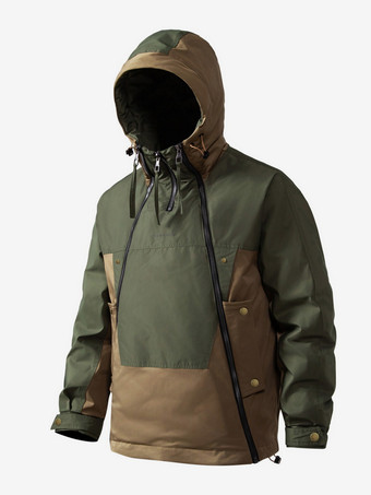 メンズ フード付きダウンジャケット ダブルジッパー カラーブロック カジュアルダウンジャケット 暖かいジャケット