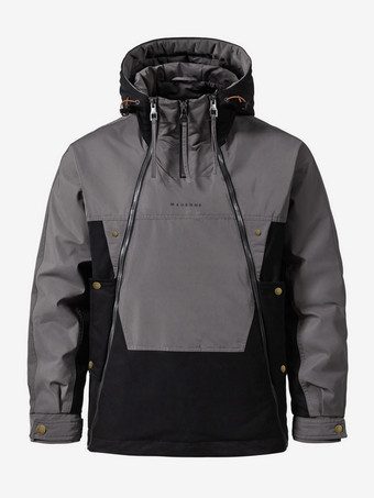 グレイメンズ フード付きダウンジャケット ダブルジッパー カラーブロック カジュアルダウンジャケット 暖かいジャケット