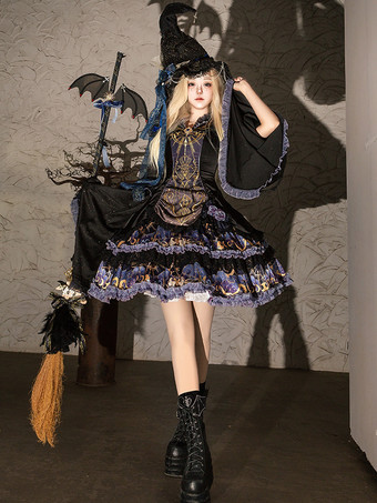 ハロウィン ゴシック ロリータ ドレス アップリケ フリル 花柄 ブラック ブラック