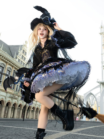 ハロウィン ゴシック ロリータ ドレス アップリケ フリル 花柄 ブラック ブラック