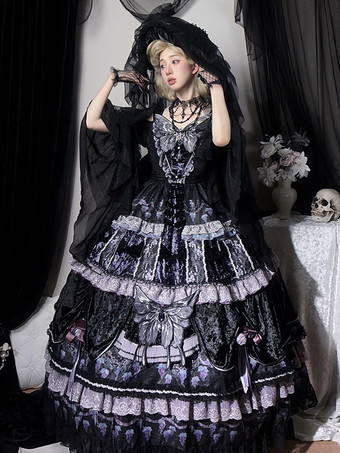 ハロウィン ゴシックロリータドレス バタフライチェーン バタフライ柄 フルーツ柄 ディープパープル ディープパープル