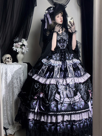 ハロウィン ゴシックロリータドレス バタフライチェーン バタフライ柄 フルーツ柄 ディープパープル ディープパープル