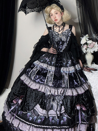 ハロウィン ゴシックロリータドレス バタフライチェーン バタフライ柄 フルーツ柄 ディープパープル ディープパープル
