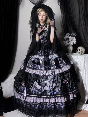 ハロウィン ゴシックロリータドレス バタフライチェーン バタフライ柄 フルーツ柄 ディープパープル ディープパープル