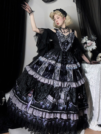 ハロウィン ゴシックロリータドレス バタフライチェーン バタフライ柄 フルーツ柄 ディープパープル ディープパープル