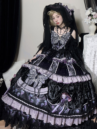 ハロウィン ゴシックロリータドレス バタフライチェーン バタフライ柄 フルーツ柄 ディープパープル ディープパープル