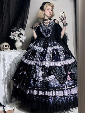 ハロウィン ゴシックロリータドレス バタフライチェーン バタフライ柄 フルーツ柄 ディープパープル ディープパープル