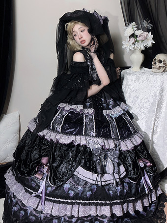 ハロウィン ゴシックロリータドレス バタフライチェーン バタフライ柄 フルーツ柄 ディープパープル ディープパープル