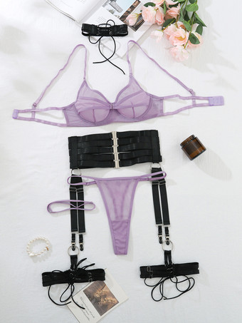 セクシーランジェリー 5点セット パープル 大人用ブラ パンティセット
