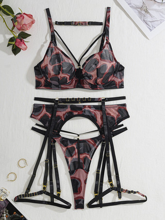 セクシーランジェリー 4点 ヒョウ柄 大人用ブラ パンティセット