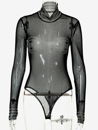 クラブボディスーツ ハイカラー ラインストーン 長袖 ツートン シック 大人用トップス