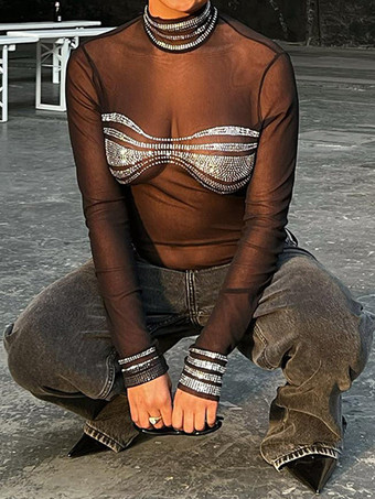 クラブボディスーツ ハイカラー ラインストーン 長袖 ツートン シック 大人用トップス