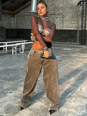 クラブボディスーツ ハイカラー ラインストーン 長袖 ツートン シック 大人用トップス