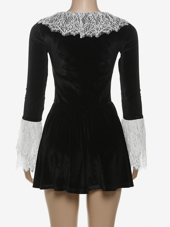 ブラックフレアドレス ツートンレース ロングスリーブ スクエアネック ショートスウィングドレス