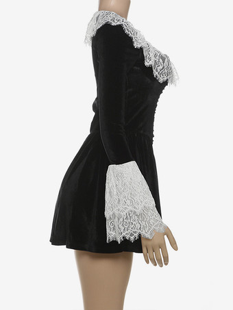 ブラックフレアドレス ツートンレース ロングスリーブ スクエアネック ショートスウィングドレス