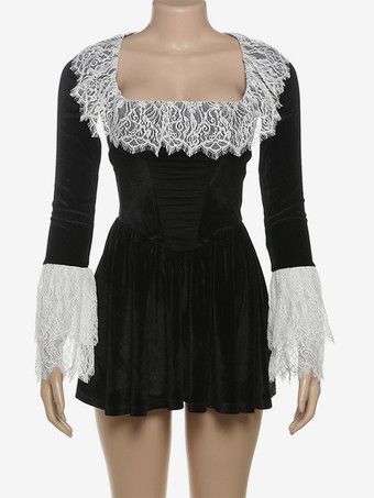 ブラックフレアドレス ツートンレース ロングスリーブ スクエアネック ショートスウィングドレス