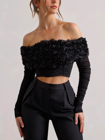 バラの装飾が施された黒のクロップトップ、オフショルダーの長袖、女性用ヴィンテージスタイルトップス 2026
