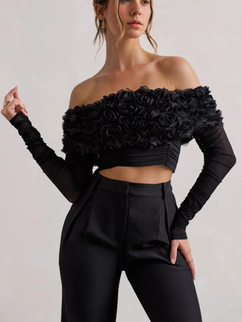 バラの装飾が施された黒のクロップトップ、オフショルダーの長袖、女性用ヴィンテージスタイルトップス 2026