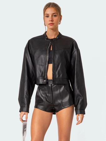 レディース向けブラックフェイクレザーカジュアルツーピースコーデセット 2025