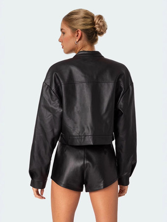 レディース向けブラックフェイクレザーカジュアルツーピースコーデセット 2025