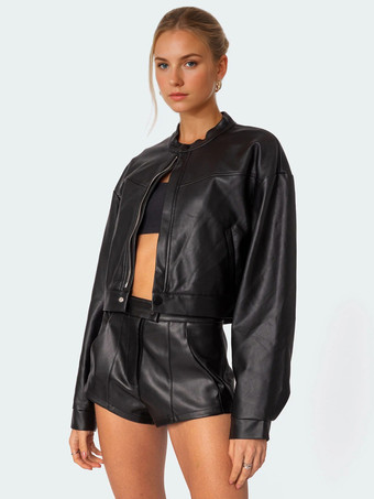 レディース向けブラックフェイクレザーカジュアルツーピースコーデセット 2025