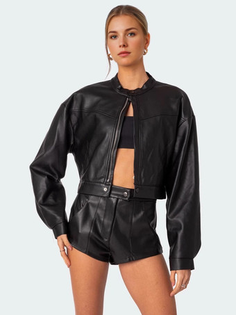 ブラック レディース向けブラックフェイクレザーカジュアルツーピースコーデセット 2025