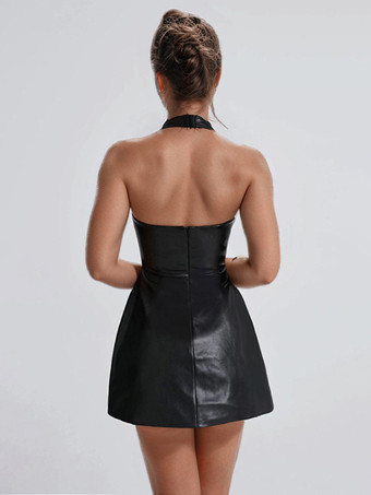 Robe de club dos nu chic sans manches en cuir PU robe sexy noire