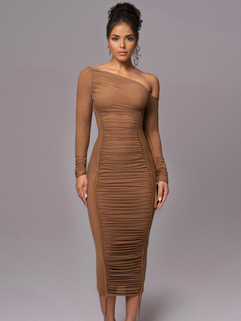 ブラウンボディコンドレス アプリコット ツートン ロングスリーブ プリーツ シック ワンショルダー ミディドレス シースドレス