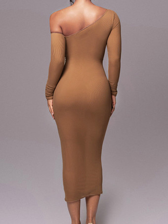 ボディコンドレス アプリコット ツートン ロングスリーブ プリーツ シック ワンショルダー ミディドレス シースドレス