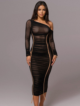 ブラック ボディコンドレス アプリコット ツートン ロングスリーブ プリーツ シック ワンショルダー ミディドレス シースドレス