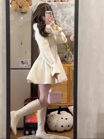 アカデミックロリータコート エクリュホワイトリボンポリエステルオーバーコート 冬用ロリータアウター