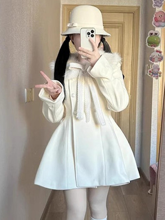 アカデミックロリータコート エクリュホワイトリボンポリエステルオーバーコート 冬用ロリータアウター