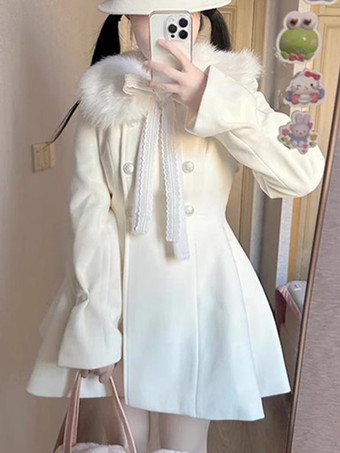 アカデミックロリータコート エクリュホワイトリボンポリエステルオーバーコート 冬用ロリータアウター