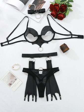 セクシーなランジェリー カットアウト ブラセット ブラック 3ピース 大人用 シック ブラ パンティ セット