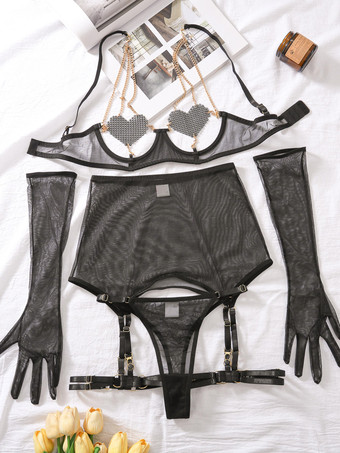 ブラック セクシーランジェリー レッド 5点 大人用ブラ パンティ セット