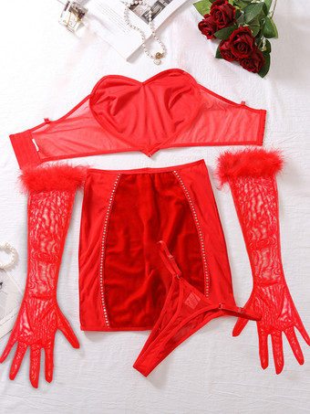 セクシーランジェリー 3ピース レッド 大人用ブラ パンティセット